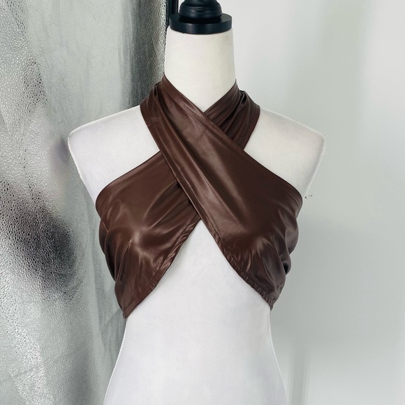 Brown Faux Leather Vegan Leather Sleeveless Halter Neck Open Back Crop Top - Picture 7 of 13